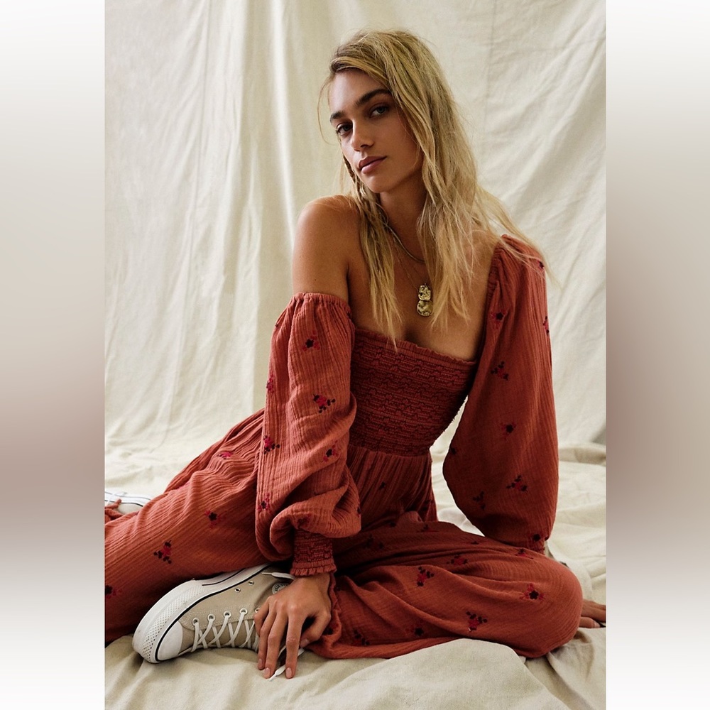 Free People Terra Cotta Floral Off-Shoulder Jumpsuit